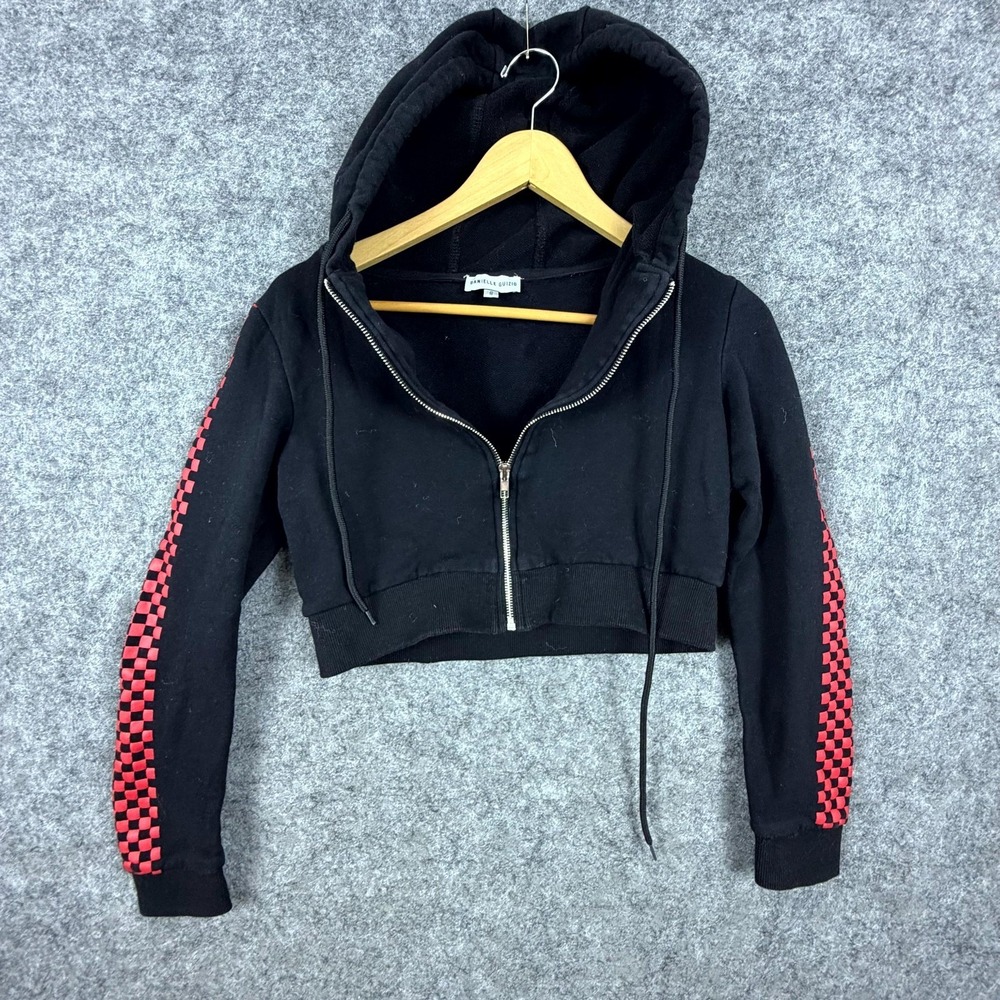 Danielle Guizio Cropped Hoodie Womens Small Black Red Check Cotton Full Zip